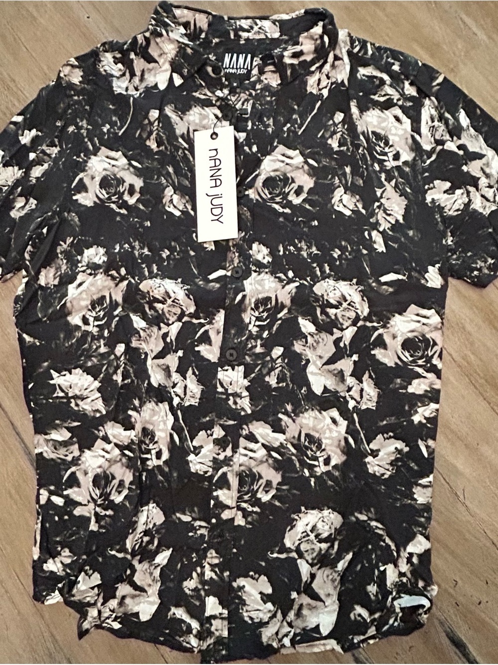nANA judy Black and Cream Floral Short Sleeve Button-Down Shirt